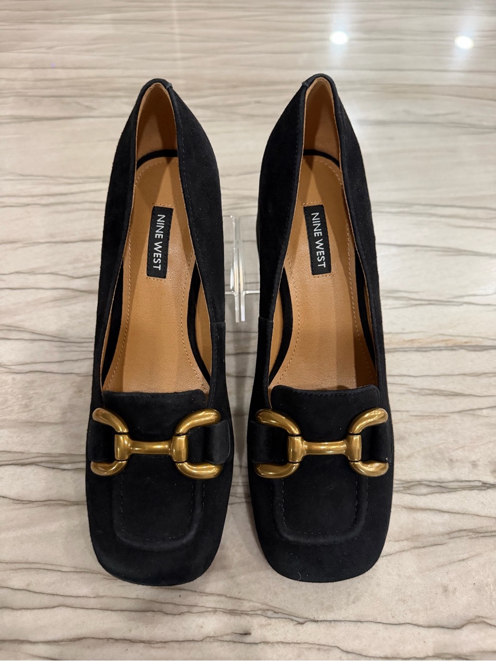 Nine West Black Suede Loafers with Gold Buckle Accent